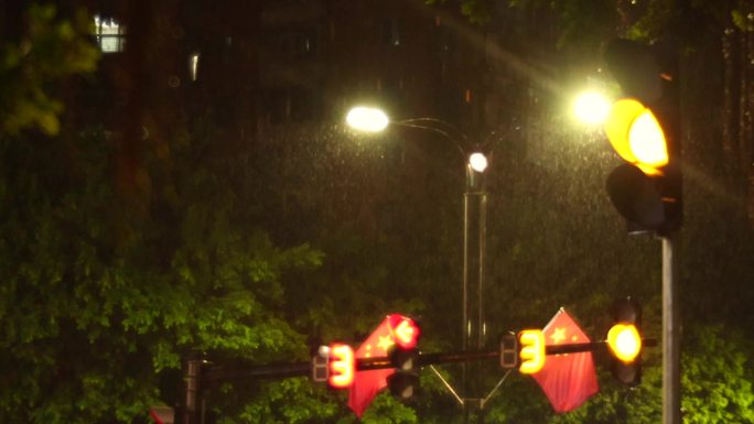 夜晚的红绿灯路灯雨天细雨绵绵雨滴