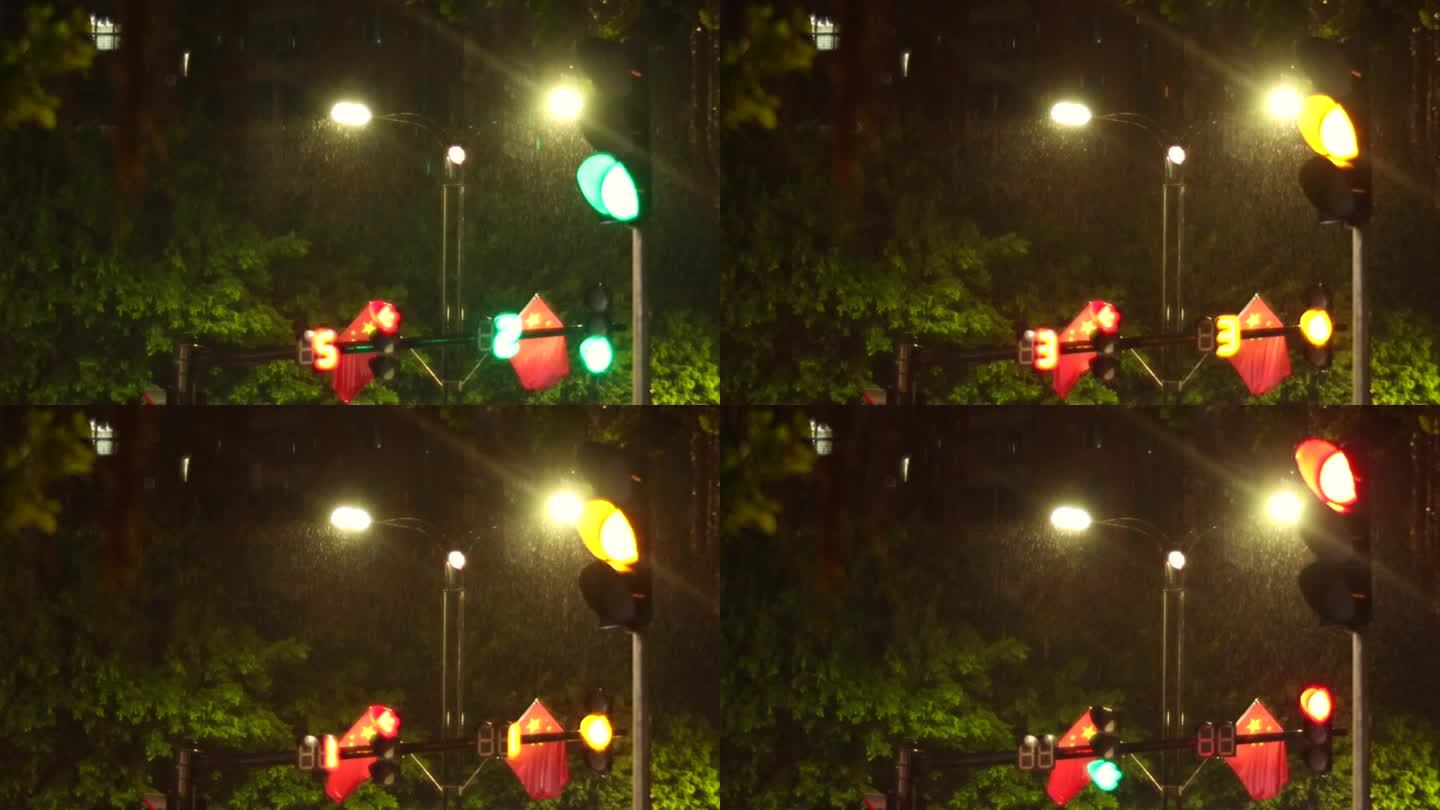 夜晚的红绿灯路灯雨天细雨绵绵雨滴