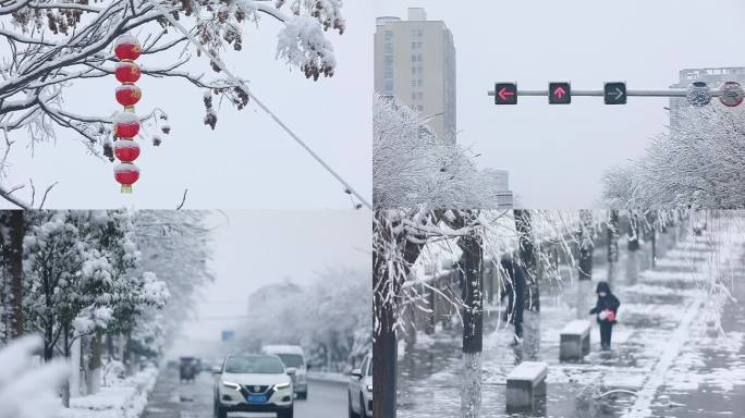 城市灯笼 交通灯 路牌 行人雪景素材合集