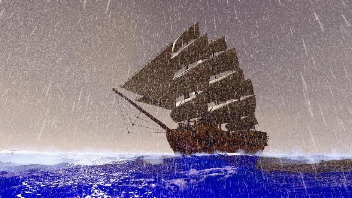 帆船在暴风雨中海上颠簸前行