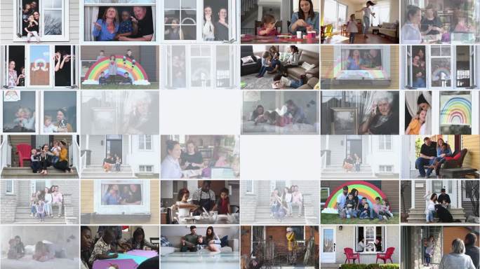 许多多民族家庭在家中拍摄蒙太奇肖像