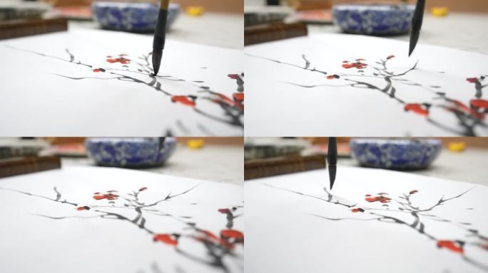 画家用毛笔画水墨中国画梅花梅树实拍原素材
