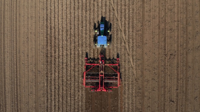 拖拉机和农业机械收获新鲜土豆鸟瞰图