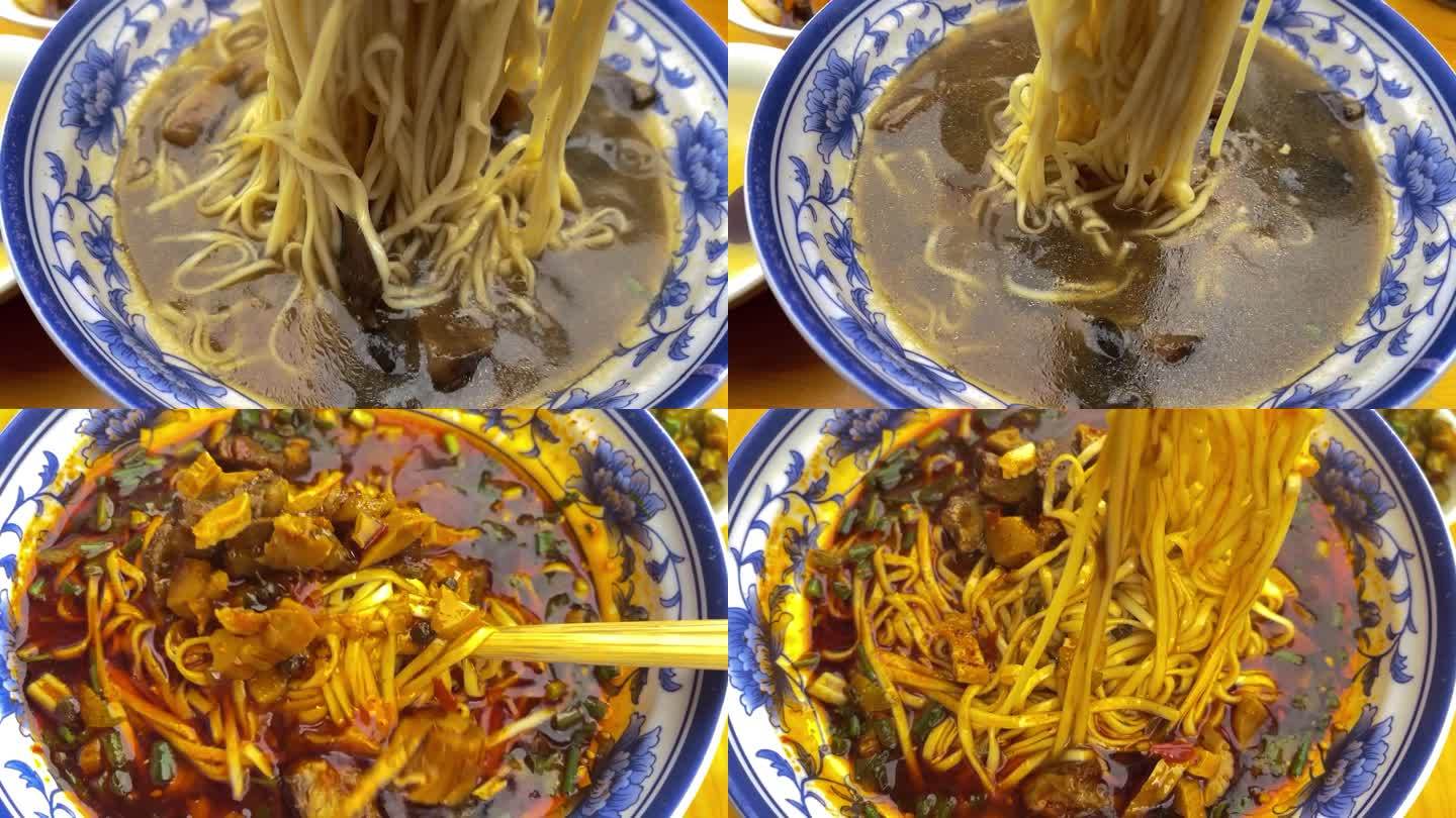 菌汤面红油面筷子夹面慢动作