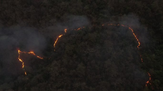 鸟瞰车在夜间射出野火