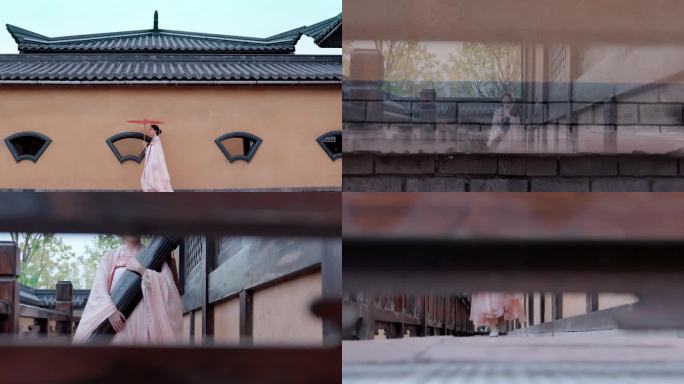 【4K】古风美女抱古琴打伞走过红墙