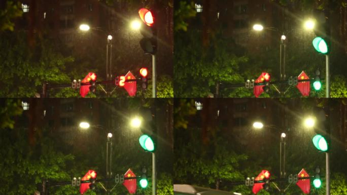 城市雨天红绿灯路灯街灯马路细雨绵绵
