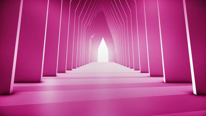 穿越未来主义隧道（可循环）以慢动作抽象3D动画。照明走廊的概念、室内设计、宇宙飞船、科学、技术、科学