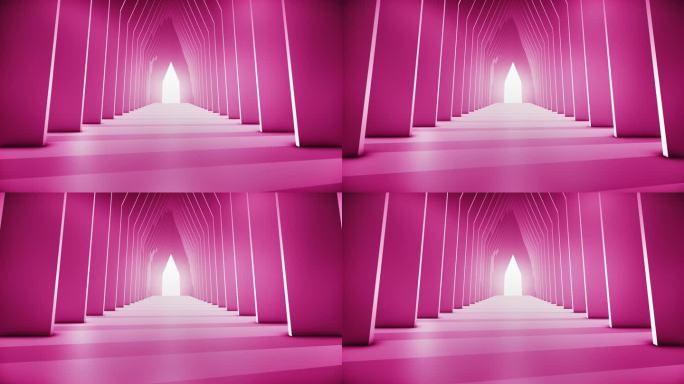 穿越未来主义隧道（可循环）以慢动作抽象3D动画。照明走廊的概念、室内设计、宇宙飞船、科学、技术、科学