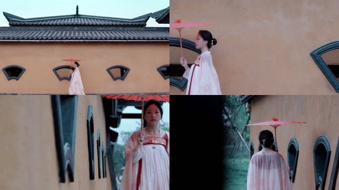 【4K】古风美女撑伞走过红墙