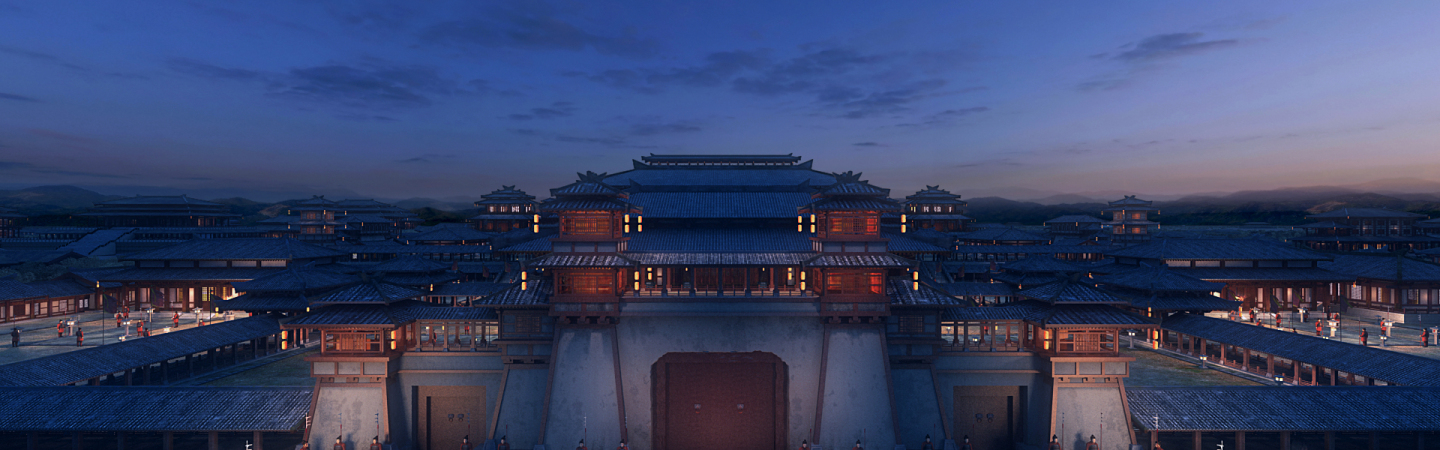 长安城大鸟瞰镜头到清明未央宫并越过大殿