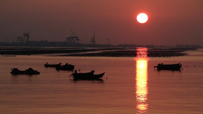 山东荣成石岛渔港的日出晨光