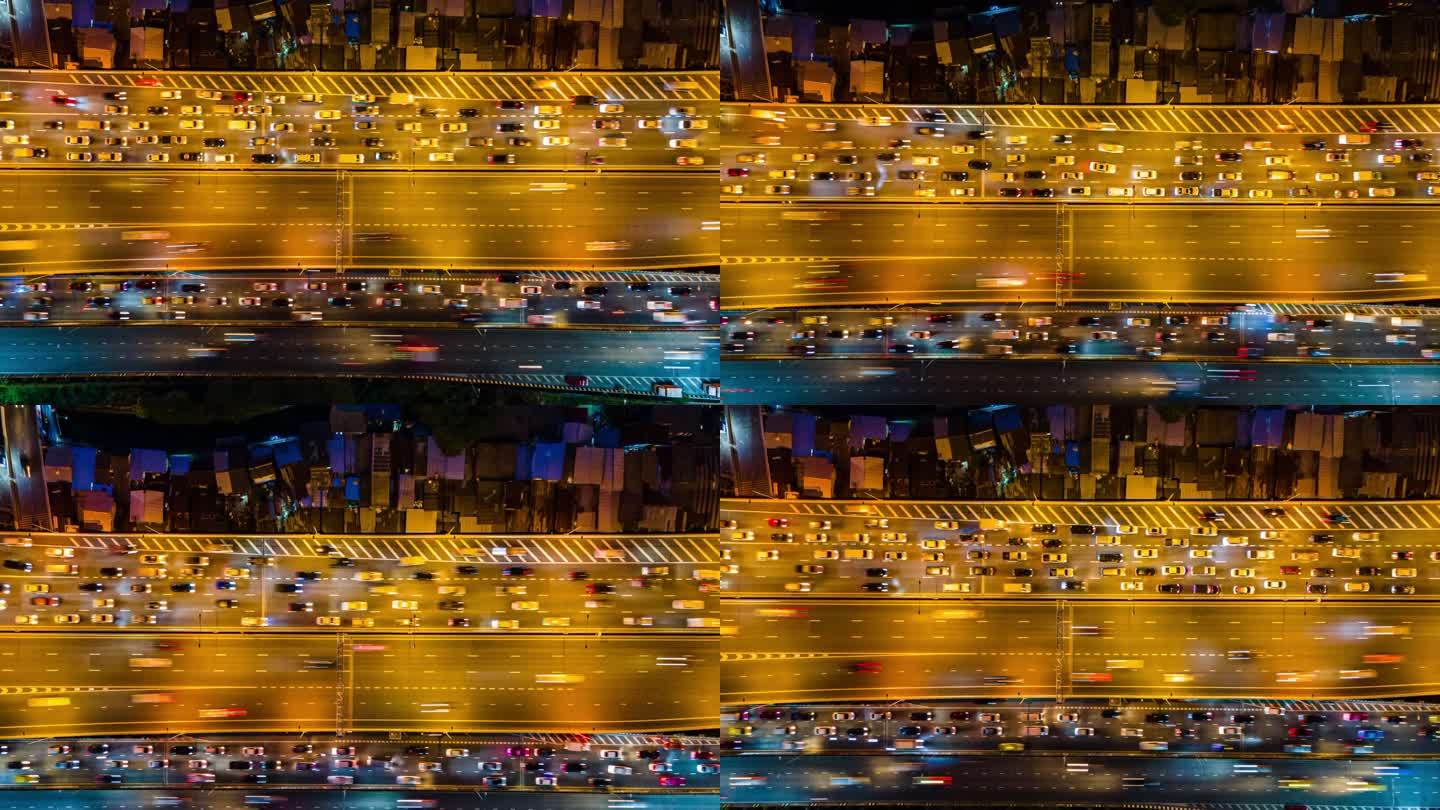 夜间多条高速公路高峰时段交通鸟瞰图，空中拍摄