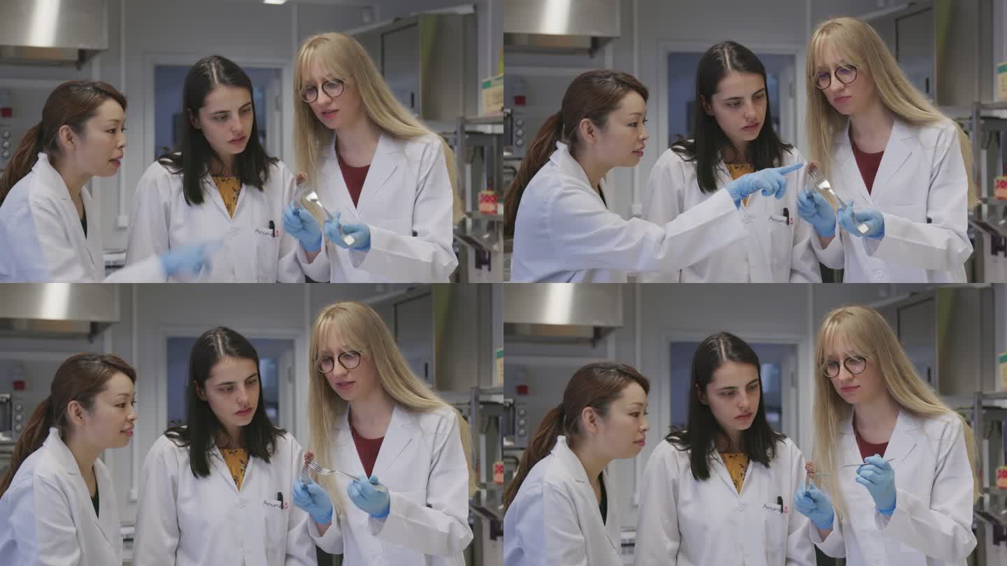 三位女性生物技术科学家在实验室厨房烹饪和测试养殖肉制品