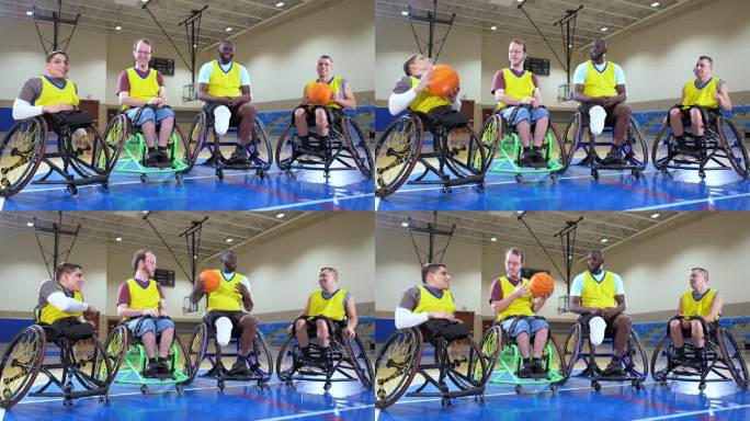 轮椅篮球队残疾人运动员传球练习