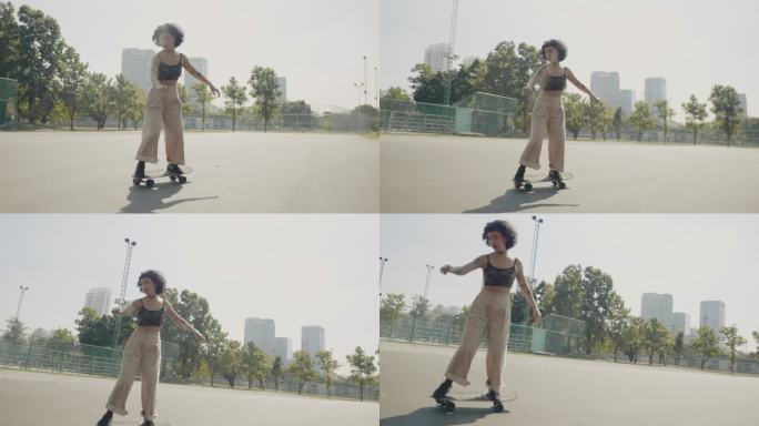 阳光明媚的一天，公园里一个玩滑板的少女。