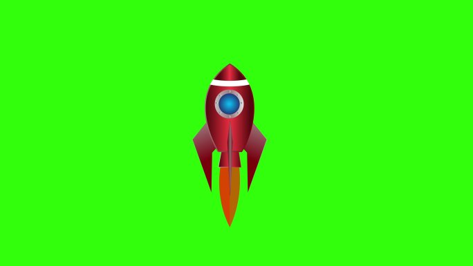 在绿色屏幕背景上飞行的卡通火箭船。独立flash动画