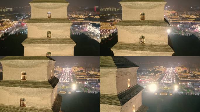 中国西安大雁塔景区和城市夜景鸟瞰图