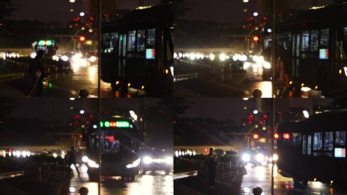 路人深夜雨中上落末班车公交车