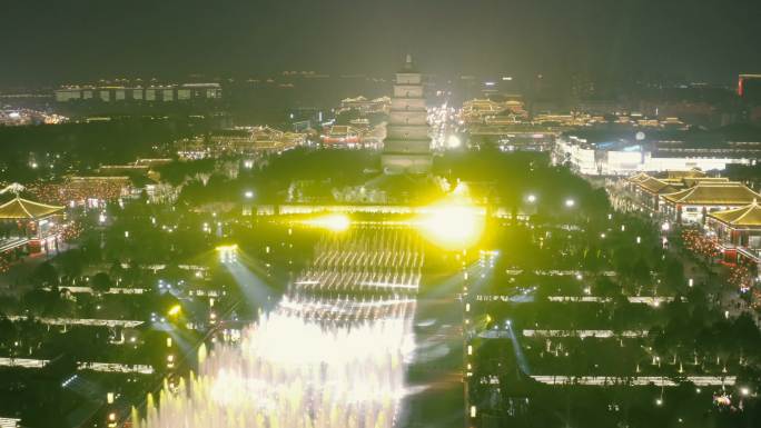 中国西安大雁塔喷泉广场鸟瞰图