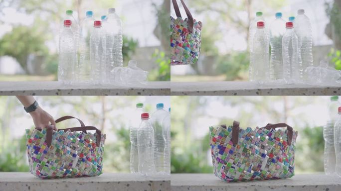 由回收材料制成的可回收PET瓶和手提包的平移镜头