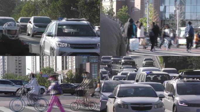 城市早高峰城市交通上班忙碌的人们车流人流