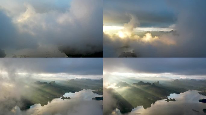 4K大气 湖面上升穿云到云端