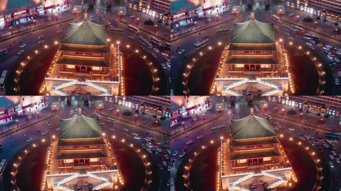 中国日落时西安钟楼的无人机视图