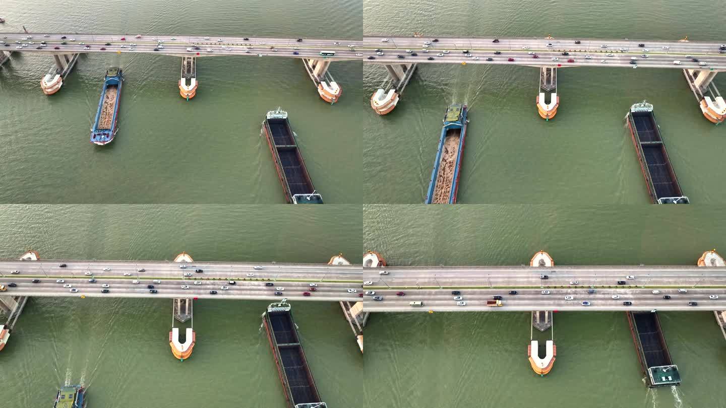 珠海大桥傍晚大桥车流货船通过西江河道