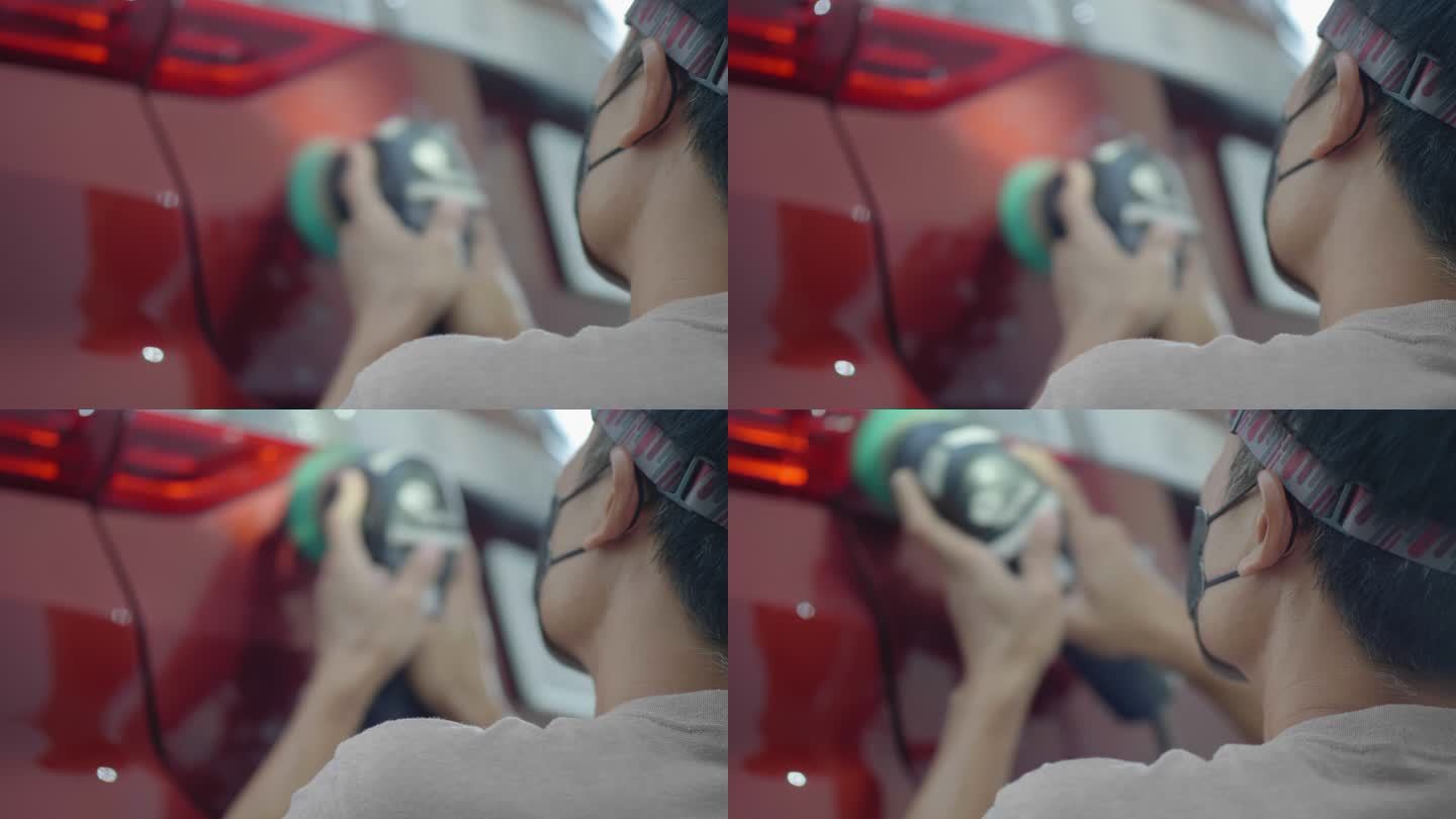 亚洲男子使用汽车抛光工具来维护汽车的漆面