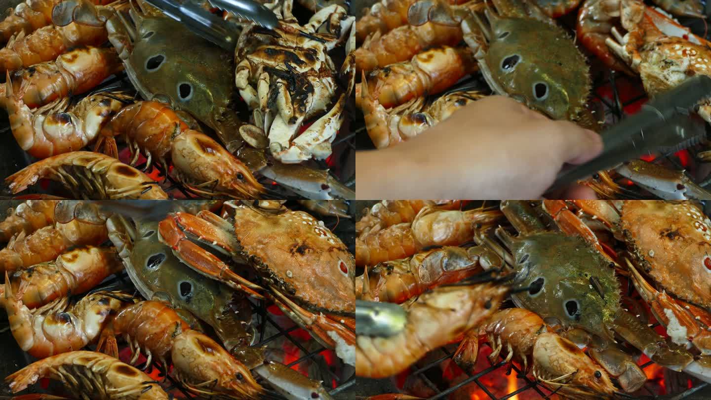 烤架上的虾和蟹东南亚曼谷烤虾夜市夜宵