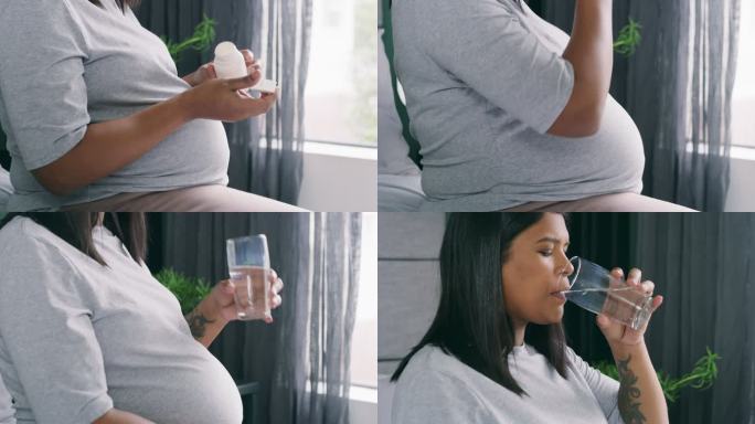 一名孕妇在家服用产前补充剂的4k视频片段
