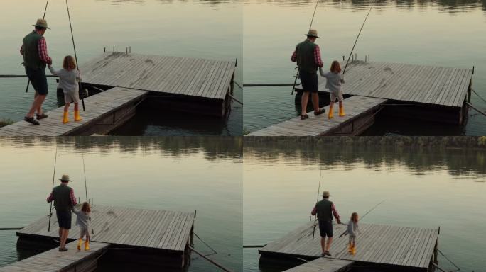 爷爷和孙子去钓鱼爷爷孙子国外河边钓鱼
