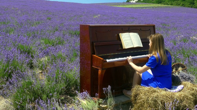 在薰衣草地上弹钢琴的年轻女子