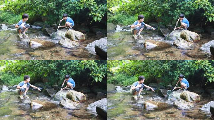 在溪流中钓鱼的男孩