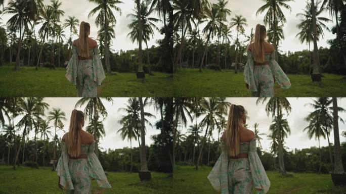 在棕榈树中漫步的女人
