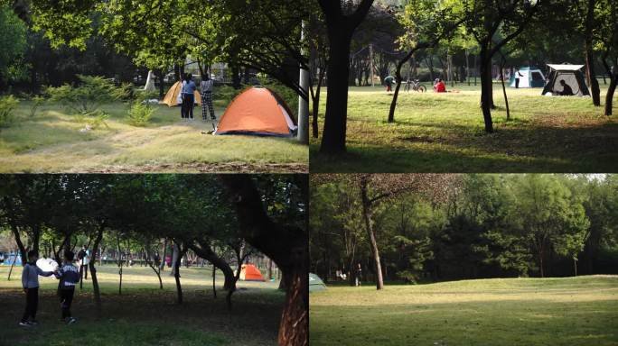 国庆假期逛公园搭帐篷休闲娱乐空镜头