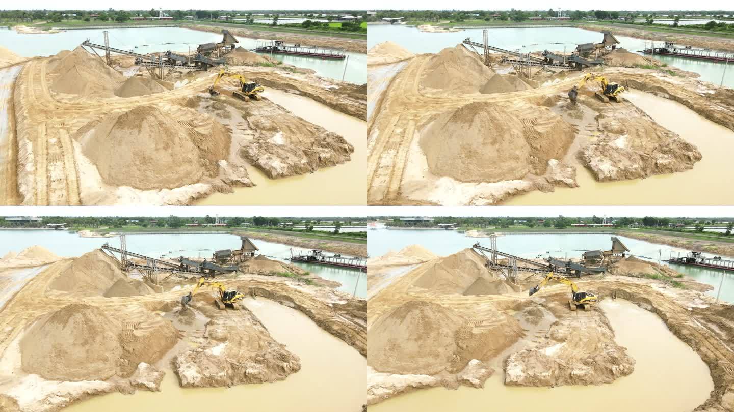 施工现场挖掘机挖沙挖沙机作业采沙场