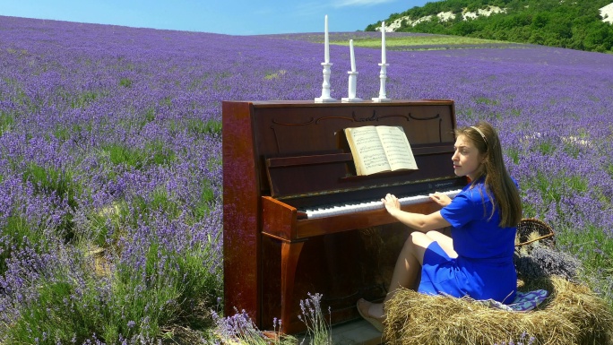在薰衣草地上弹钢琴的年轻村妇