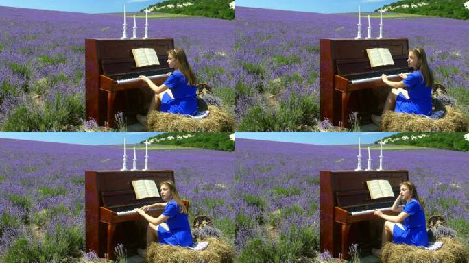 在薰衣草地上弹钢琴的年轻村妇
