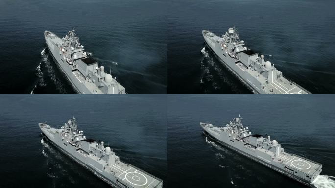 鸟瞰图-海军演习中的现代导弹护卫舰