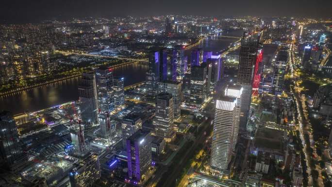 琶洲电商区的侧面视角夜景航拍延时