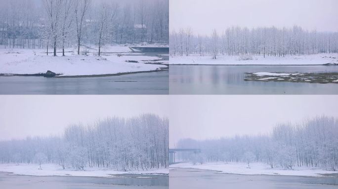 冬日江边雪景实景航拍唯美素材