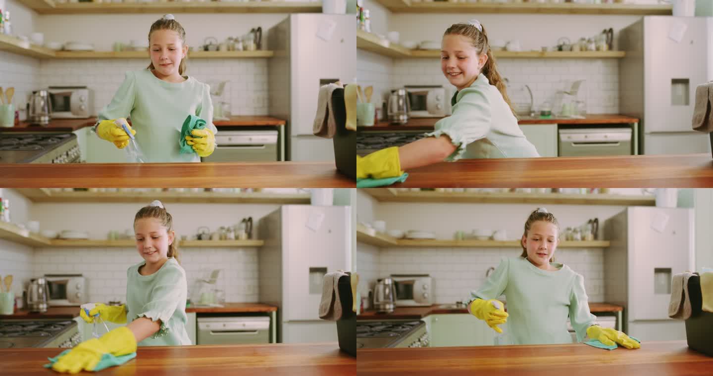 一个可爱的小女孩在家打扫厨房柜台的4k视频片段