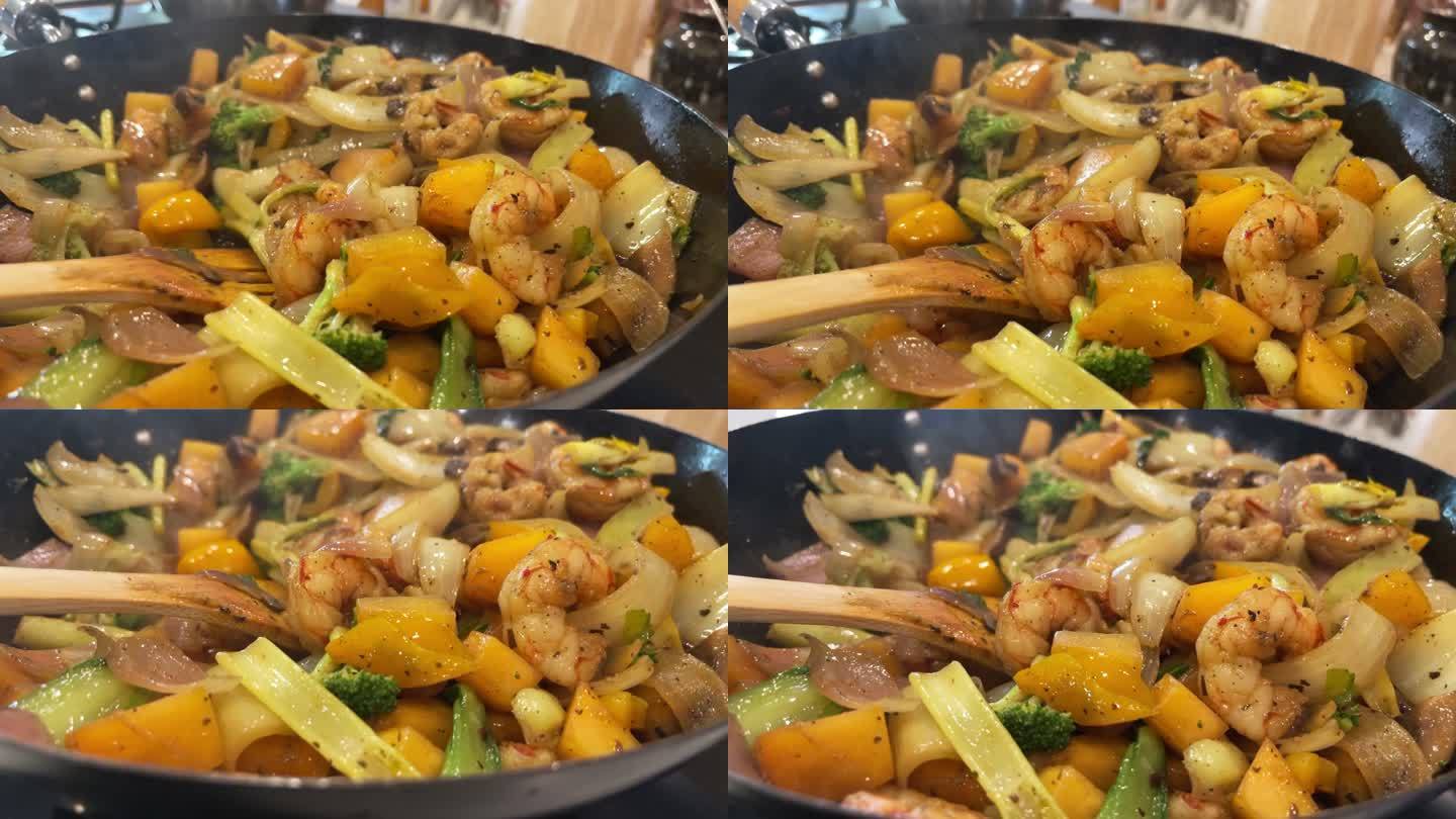 虾芒果炒家庭用厨房食物切碎去皮切丁炒新鲜有机水果蔬菜肉类视频系列
