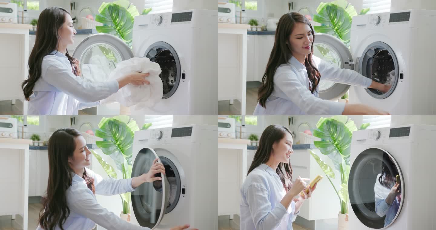女性使用智能手机控制洗衣机