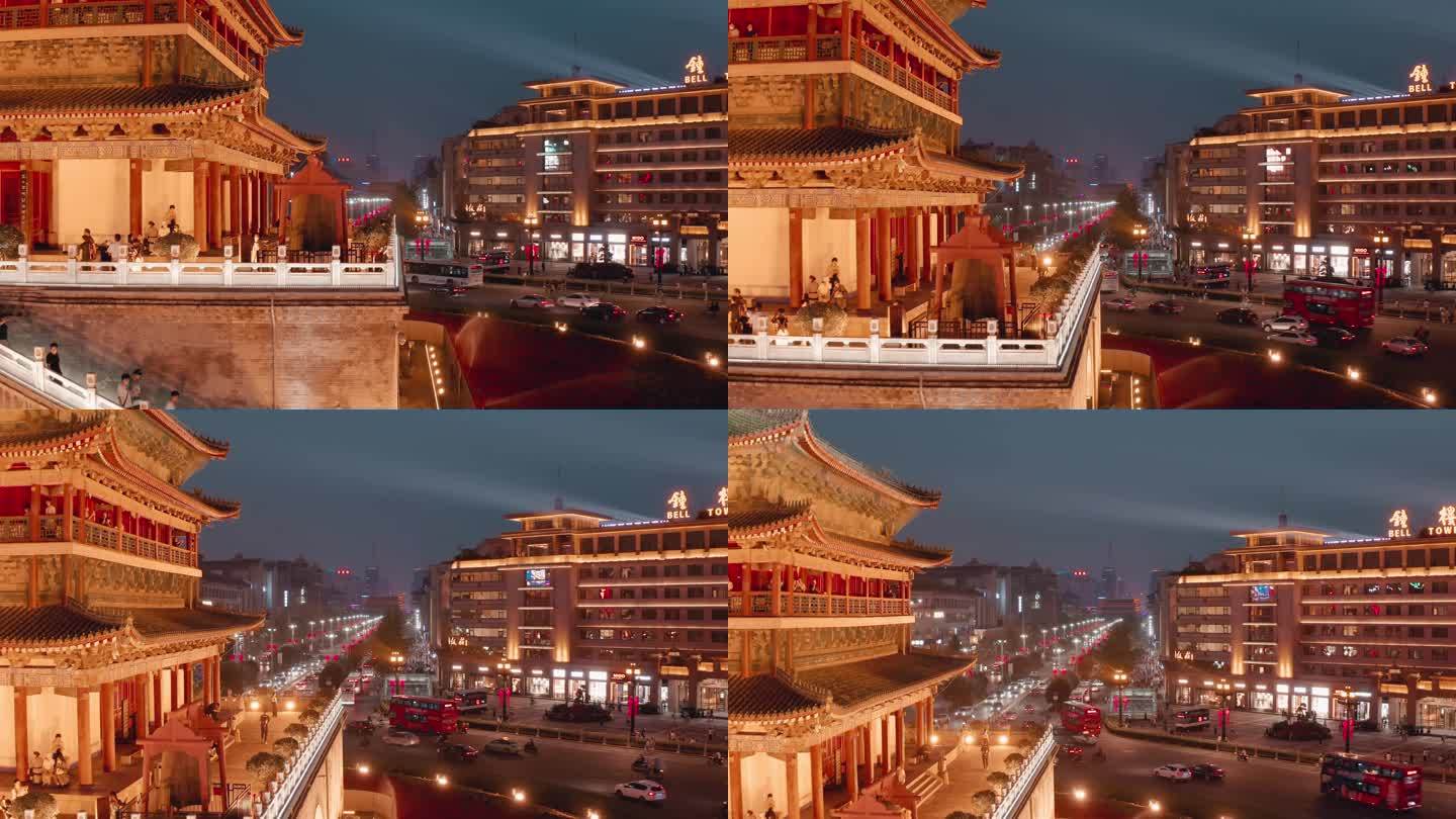 中国日落时西安钟楼的无人机视图
