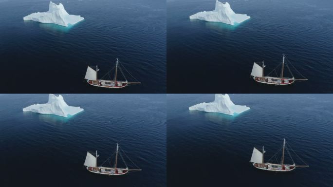 蓝色海洋格陵兰岛表面的船只和冰山
