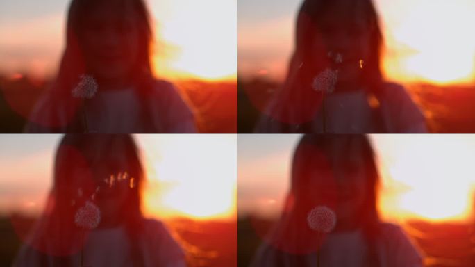 日落时，斯洛莫小女孩在草地中央吹蒲公英
