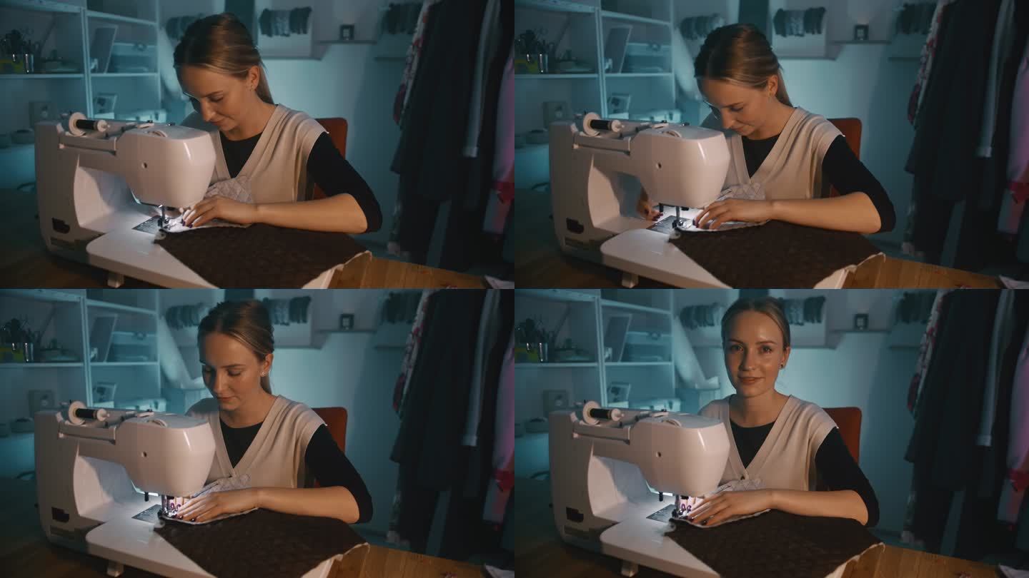 远景：一位年轻女裁缝在工作室使用缝纫机的肖像